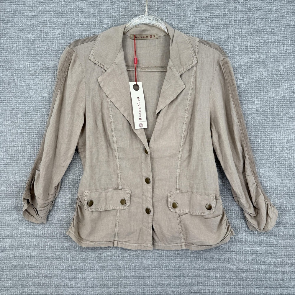 Wearables Jacket Womens M Beige Linen Blend 3/4 Sleeve Collared Pockets